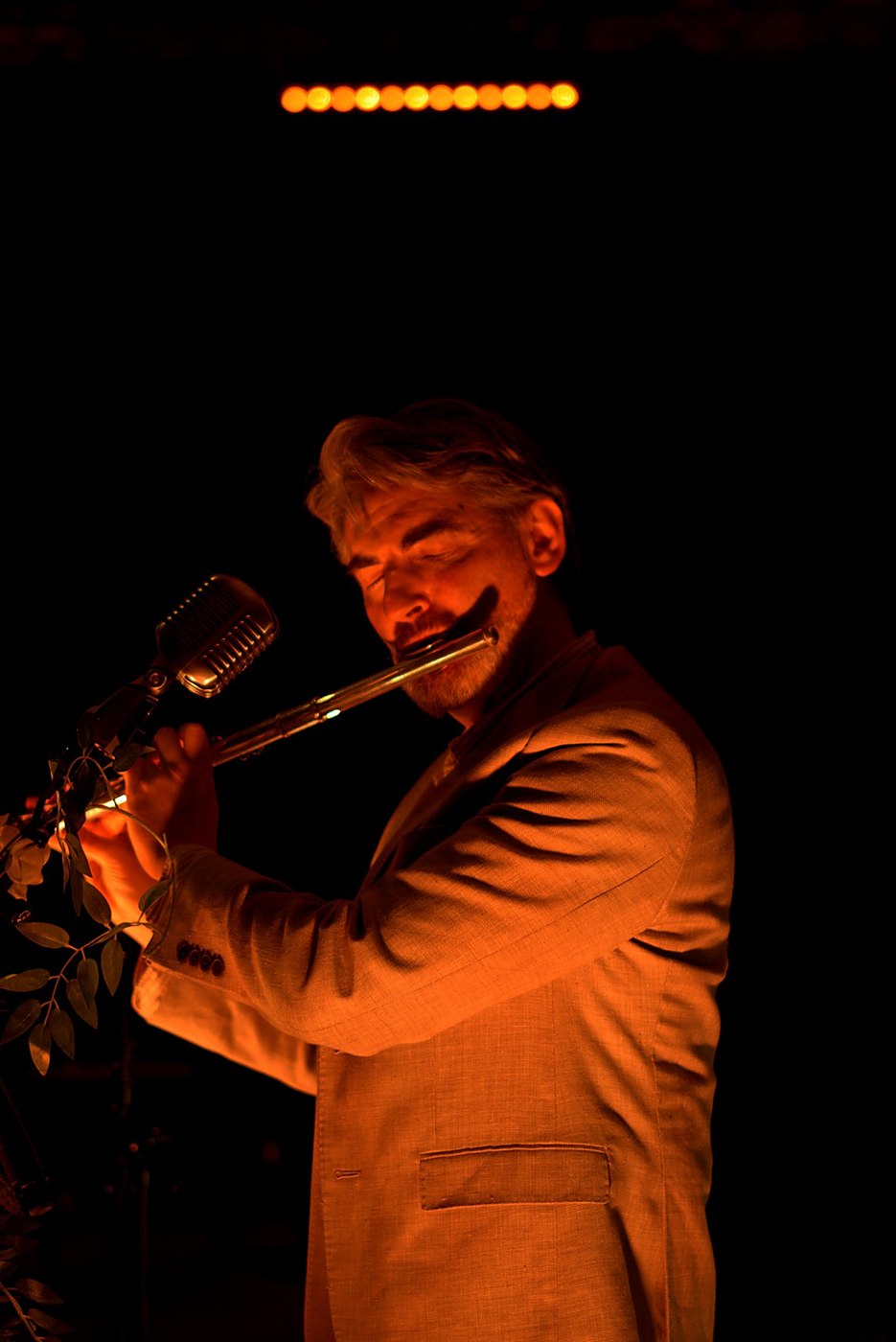Thunderclap Murphy playing flute into a ribbon microphone under warm stage light at Wexford Arts Centre
